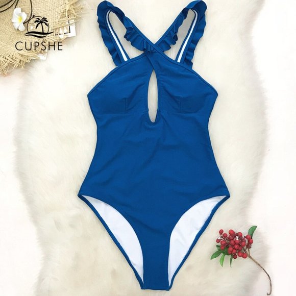 Cupshe Swim Nwt Blue Ruffle Cut Out One Piece Bathing Suit Size